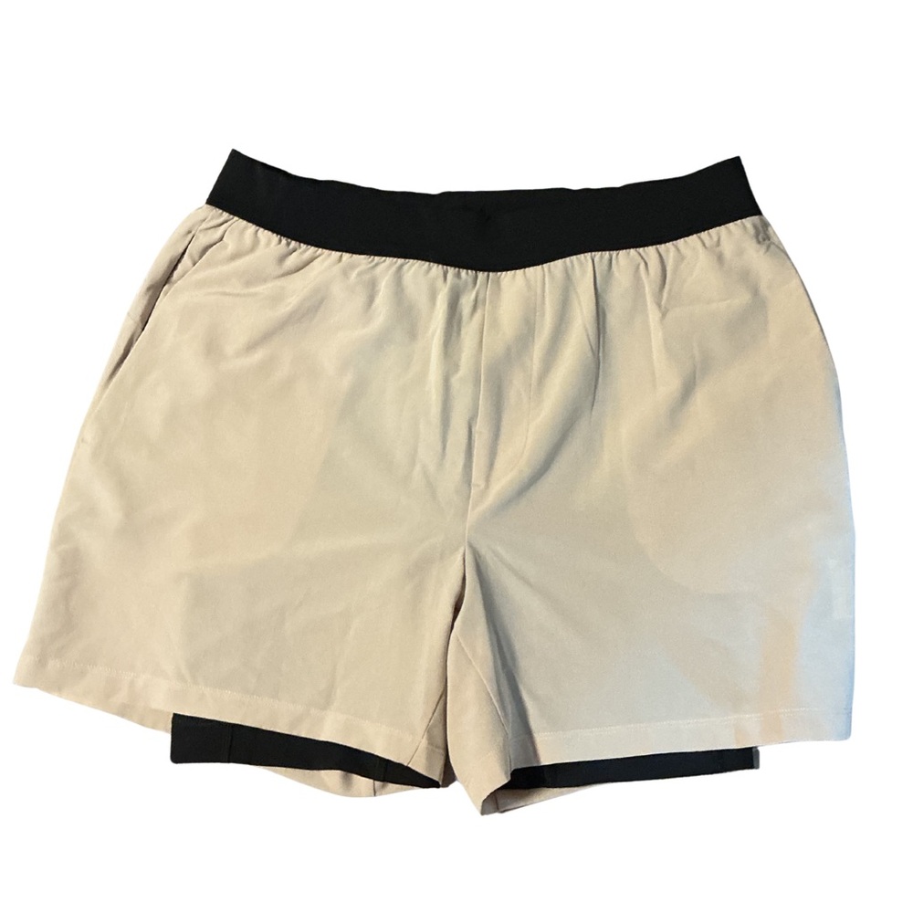 Men's Beige Athletic Shorts with Black Waistband